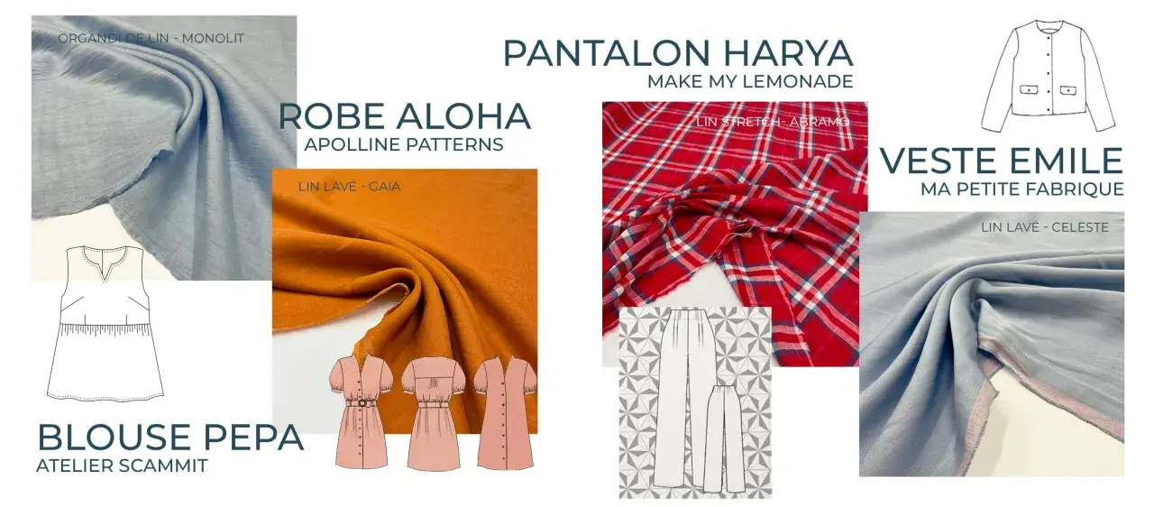 Tissus de lin bleu, orange et à carreaux rouges pour des vêtements. Patron de blouse, robe et pantalon.