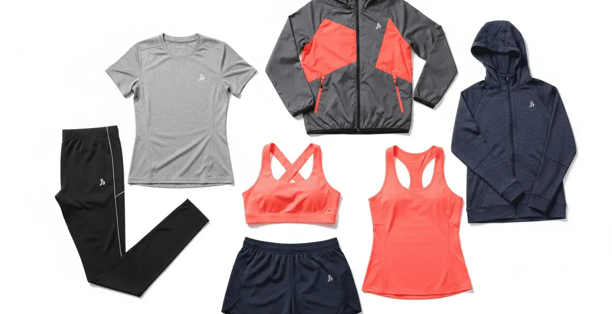 Ensemble de vêtements de sport pour femme : legging noir, t-shirt gris, brassière et short corail, débardeur corail, veste grise et corail, sweat à capuche bleu marine. Le tissu technique sport assure confort et performance.