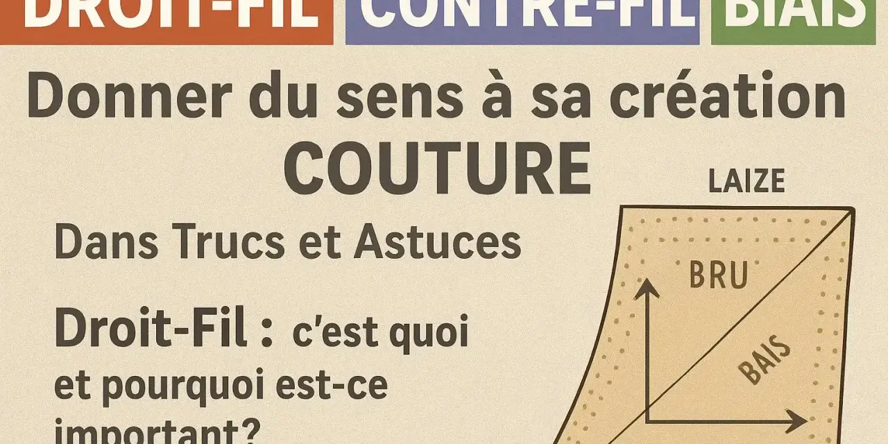 Illustration expliquant le **droit fil** en couture, avec des termes comme "laize", "bru", "bais" et "envers".
