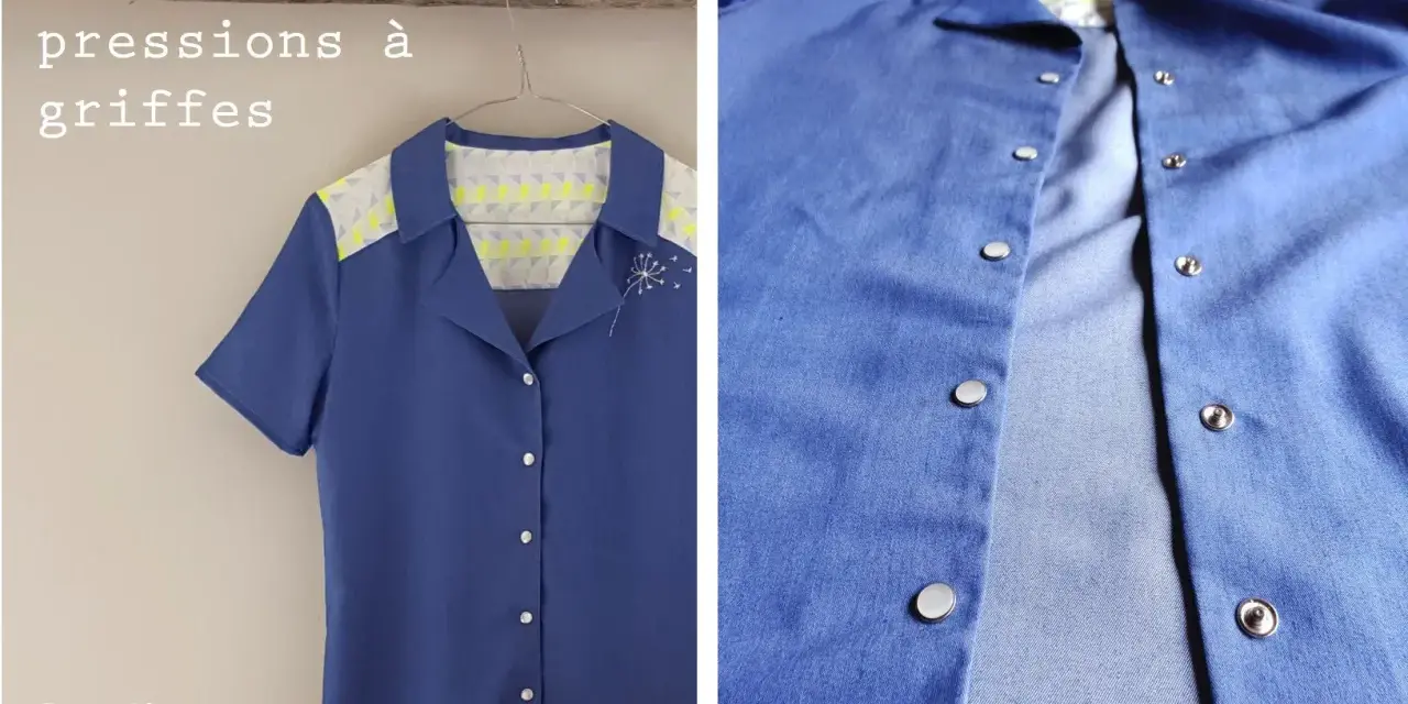 Comment poser un bouton pression avec un marteau sur cette chemise bleue. Détails des boutons et du tissu.