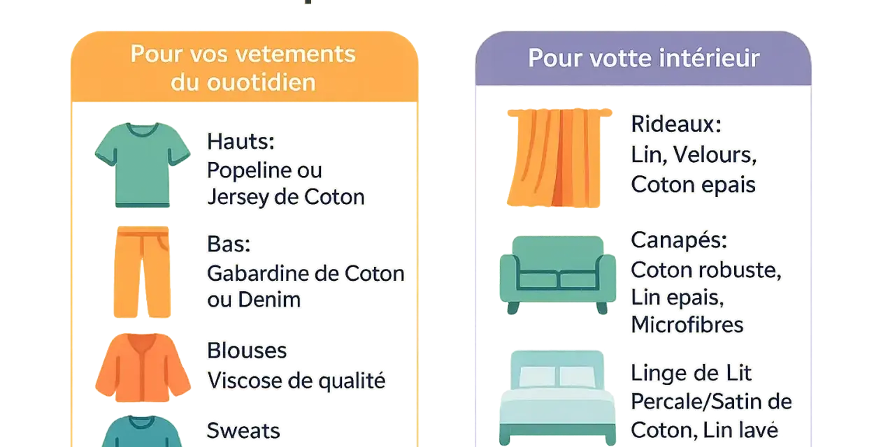 Conseils pour choisir vos tissus : vêtements du quotidien (coton, viscose) et décoration intérieure (lin, velours, coton épais).