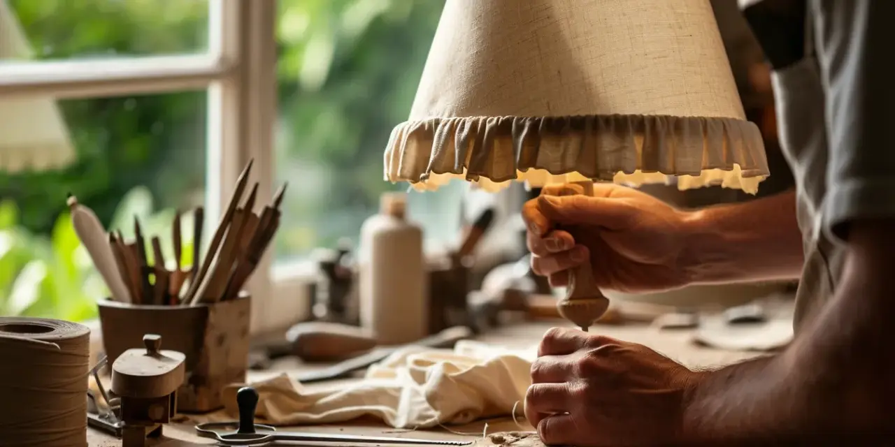 Artisan travaillant sur un abat-jour en tissu, une belle création pour faire un abat-jour en tissu sans polyphane.