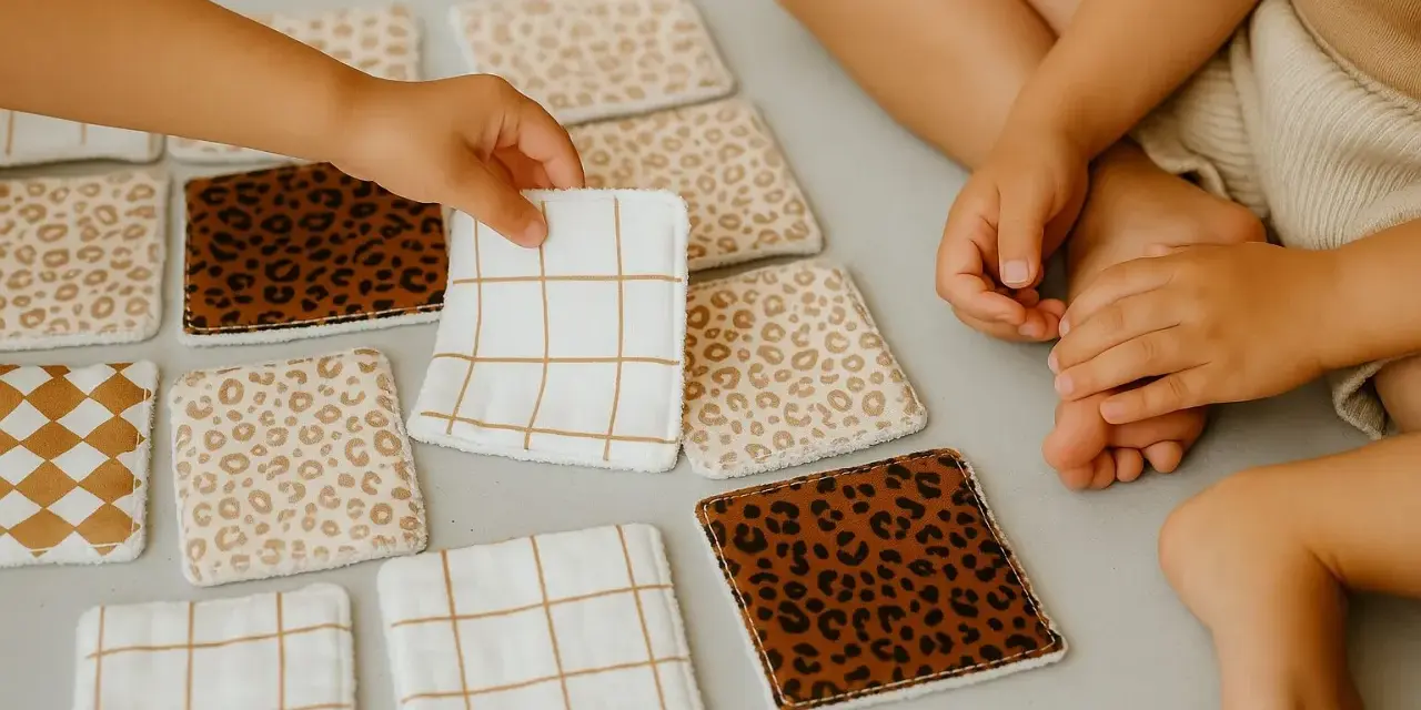Petites mains d'enfant choisissant parmi des lingettes lavables bébé aux motifs variés : léopard, carreaux, et quadrillés. Idéal pour le change.