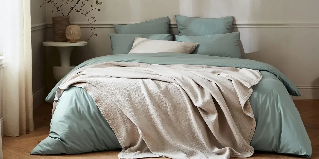 Lit douillet avec housse de couette vert sauge et jeté texturé beige. Quel tissu pour housse de couette ? Le coton doux est idéal.