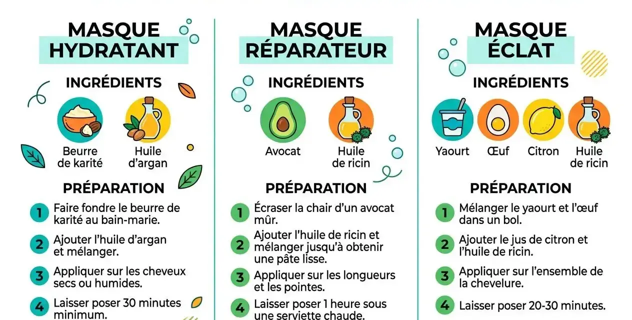 Recettes de masques capillaires maison : hydratant, réparateur et éclat. Chaque patron masque détaille ingrédients et préparation.