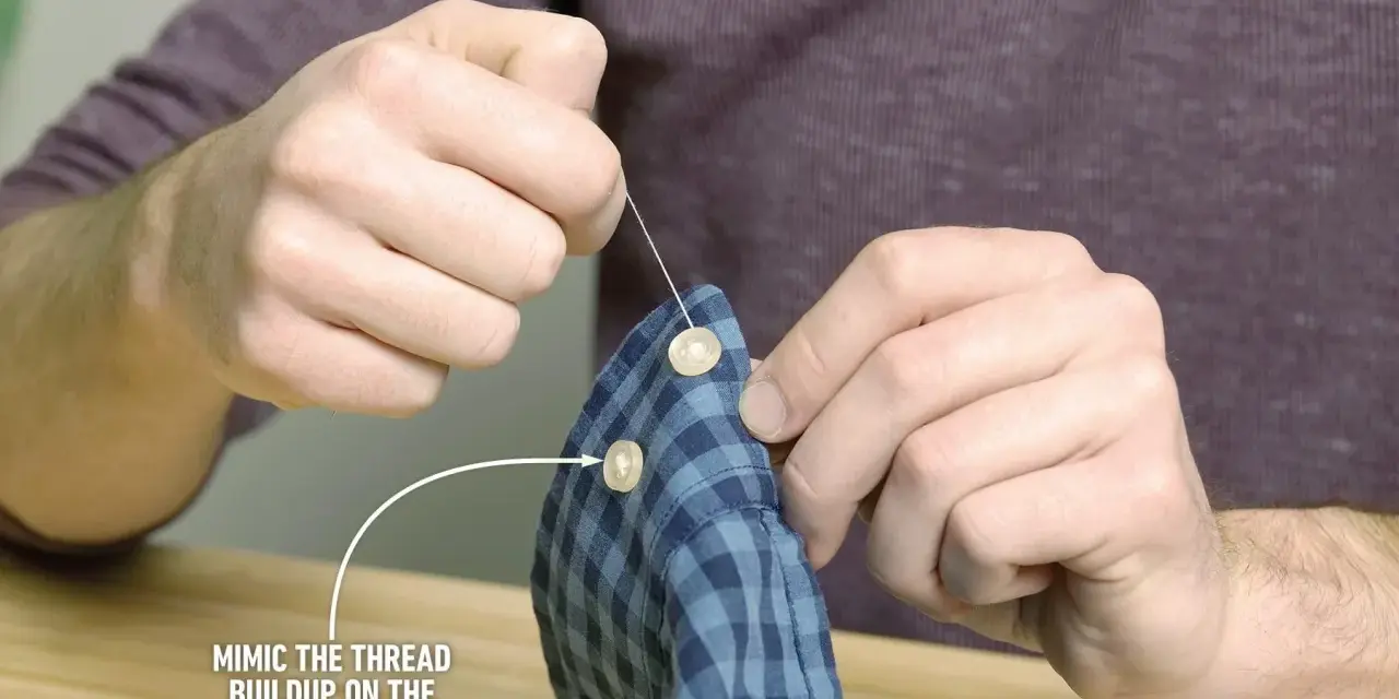 Main tenant une chemise à carreaux bleus, il est en train de coudre un bouton avec une aiguille et du fil blanc.