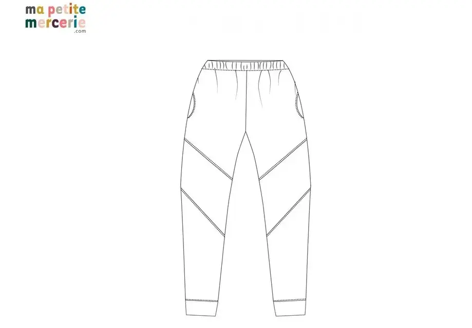 Patron de jogging avec poches et empiècements contrastés. Idéal pour un style décontracté et sportif.