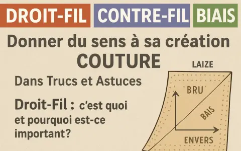 Illustration expliquant le sens du tissu pour la coupe en couture : droit-fil, contrefil, biais. Comprendre le droit-fil est essentiel.