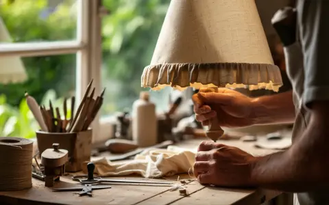 Artisan travaillant sur un abat-jour en tissu, une belle création pour faire un abat-jour en tissu sans polyphane.