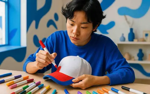 Un jeune homme concentré utilise un marqueur rouge pour teindre une casquette blanche et rouge.
