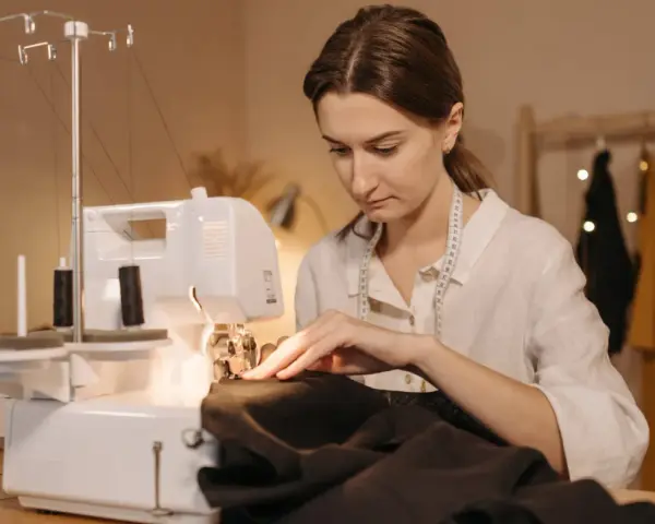 Une couturière utilise une surjeteuse pour créer un patron housse de chaise Burda.