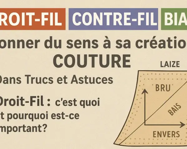 Illustration expliquant le **droit fil** en couture, avec des termes comme "laize", "bru", "bais" et "envers".