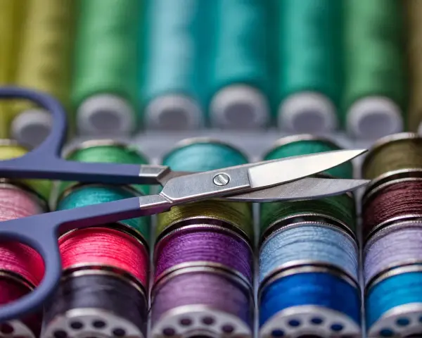 Ciseaux sur une rangée de bobines de fil à coudre aux couleurs vives. Le grosseur de fil à coudre varie, offrant un arc-en-ciel de possibilités créatives.