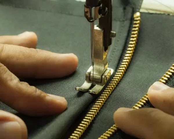 Main tenant une fermeture éclair dorée, une aiguille de machine à coudre s'apprête à coudre une fermeture éclair à la main sur un tissu sombre.