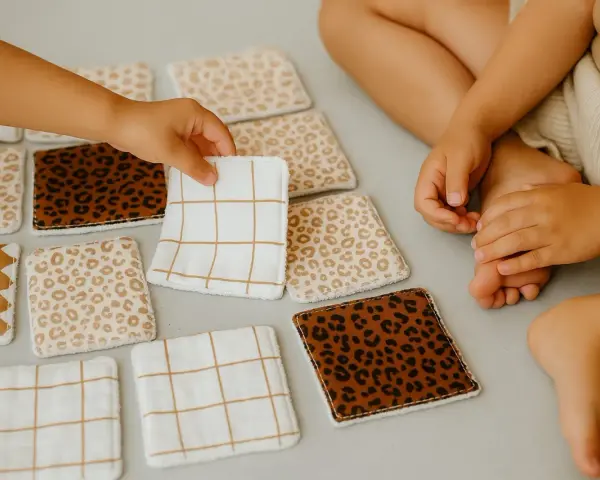Petites mains d'enfant choisissant parmi des lingettes lavables bébé aux motifs variés : léopard, carreaux, et quadrillés. Idéal pour le change.