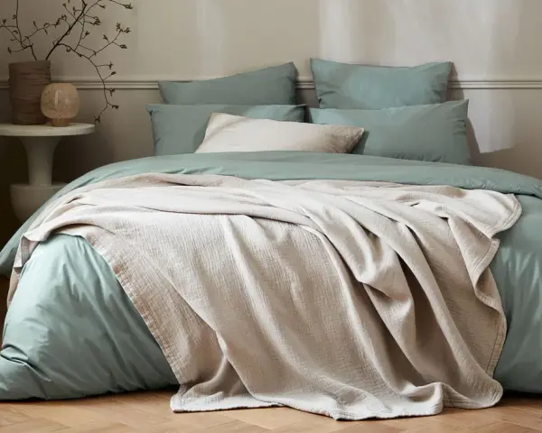 Lit douillet avec housse de couette vert sauge et jeté texturé beige. Quel tissu pour housse de couette ? Le coton doux est idéal.