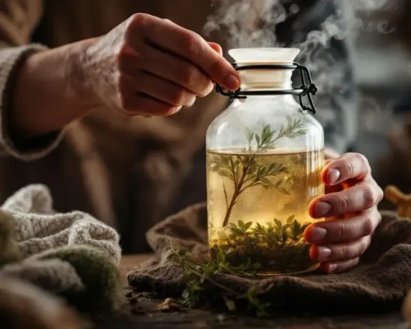 Préparation d'une bouillotte maison avec des herbes infusées dans un bocal en verre fumant.