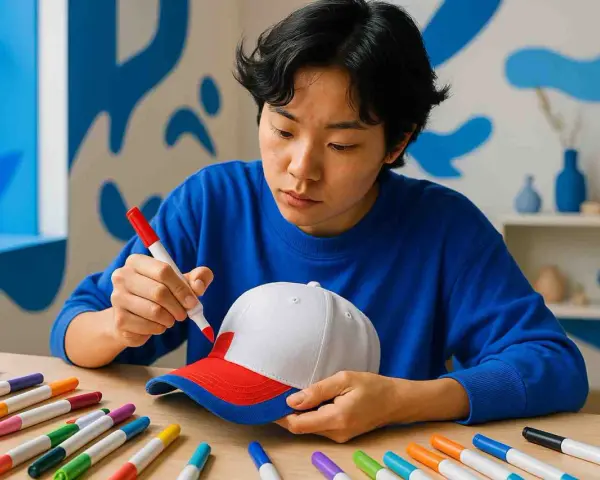 Un jeune homme concentré utilise un marqueur rouge pour teindre une casquette blanche et rouge.