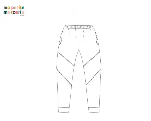 Patron de jogging avec poches et empiècements contrastés. Idéal pour un style décontracté et sportif.