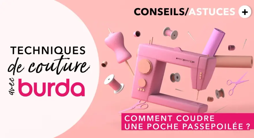 Techniques de couture Burda : comment faire une poche passepoilée. Machine à coudre rose, fils, ciseaux et mannequin de couture.