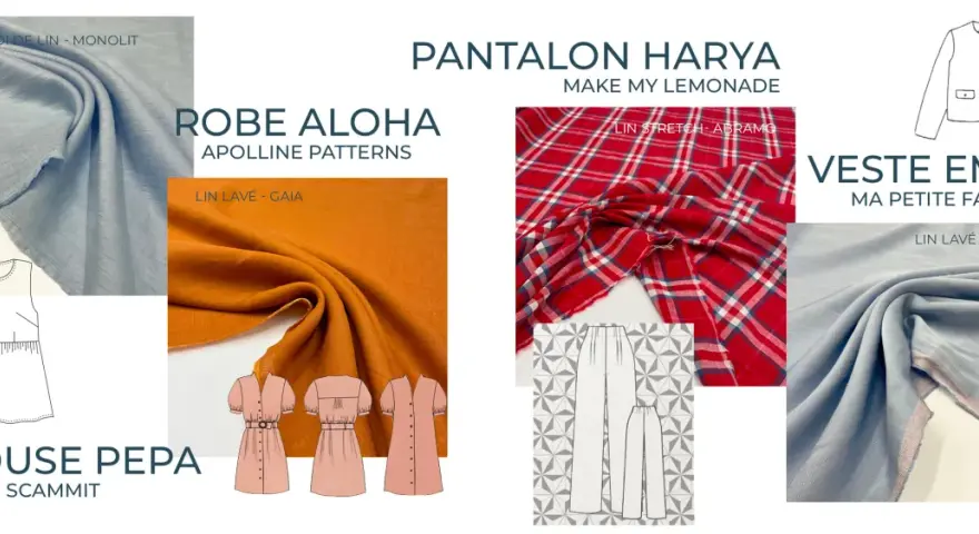 Tissus de lin bleu, orange et à carreaux rouges pour des vêtements. Patron de blouse, robe et pantalon.