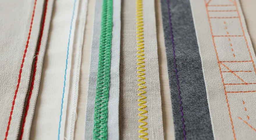 Bandes de tissus aux coutures variées : rouge, bleu, vert, jaune, violet et orange. Un aperçu de techniques de ruban couture.