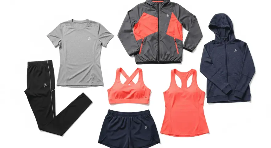 Ensemble de vêtements de sport pour femme : legging noir, t-shirt gris, brassière et short corail, débardeur corail, veste grise et corail, sweat à capuche bleu marine. Le tissu technique sport assure confort et performance.