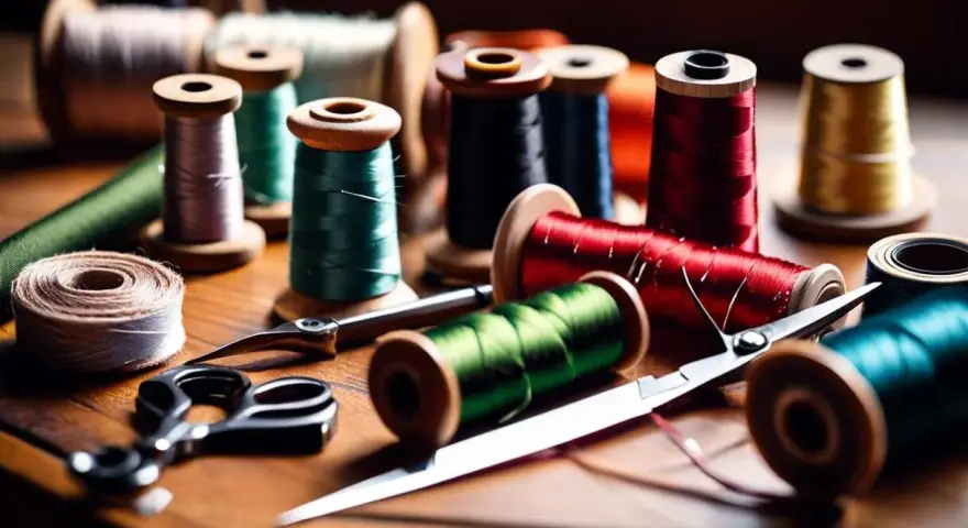 Bobines de fil colorées, ciseaux et une règle pour couture, prêts pour un projet créatif.