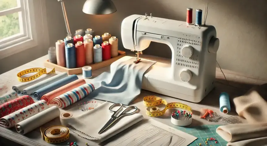 Machine à coudre, fils colorés, tissus et ciseaux prêts pour coudre ses vêtements.