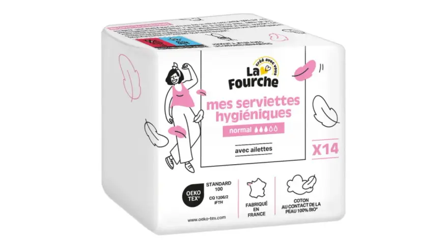 Boîte de serviettes hygiéniques lavables "La Fourche". Le tissu est en coton bio, idéal pour les peaux sensibles.