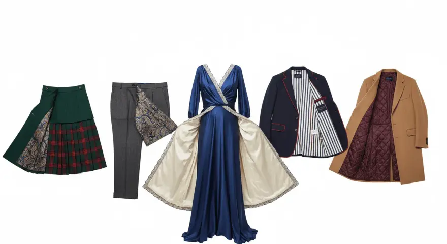 Une robe bleue en soie, une jupe écossaise, un pantalon gris, un blazer et un manteau camel. Le tissu du manteau est doux comme du velours.