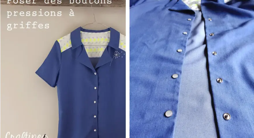 Comment poser un bouton pression avec un marteau sur cette chemise bleue. Détails des boutons et du tissu.