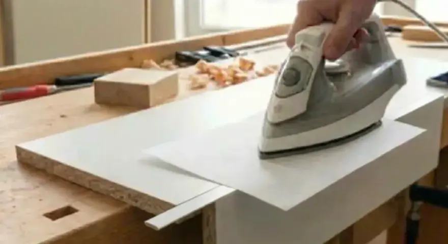 Utilisation d'un fer à repasser pour enlever colle thermocollant sur tissu, une technique de bricolage pour une finition parfaite.
