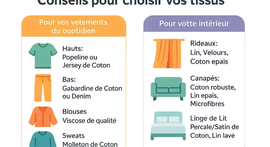 Conseils pour choisir vos tissus : vêtements du quotidien (coton, viscose) et décoration intérieure (lin, velours, coton épais).