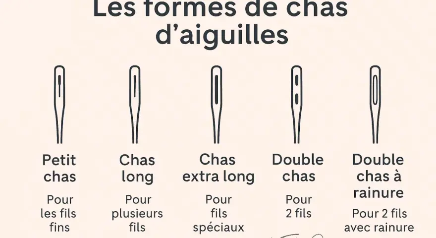 Illustration des différentes formes de chas d'aiguilles à main : petit chas, chas long, chas extra long, double chas et double chas à rainure, pour divers usages de fils.