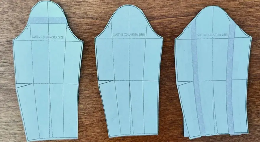 Trois patrons de manche montée, prêts à être découpés pour un projet de couture.