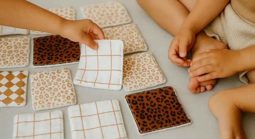 Petites mains d'enfant choisissant parmi des lingettes lavables bébé aux motifs variés : léopard, carreaux, et quadrillés. Idéal pour le change.