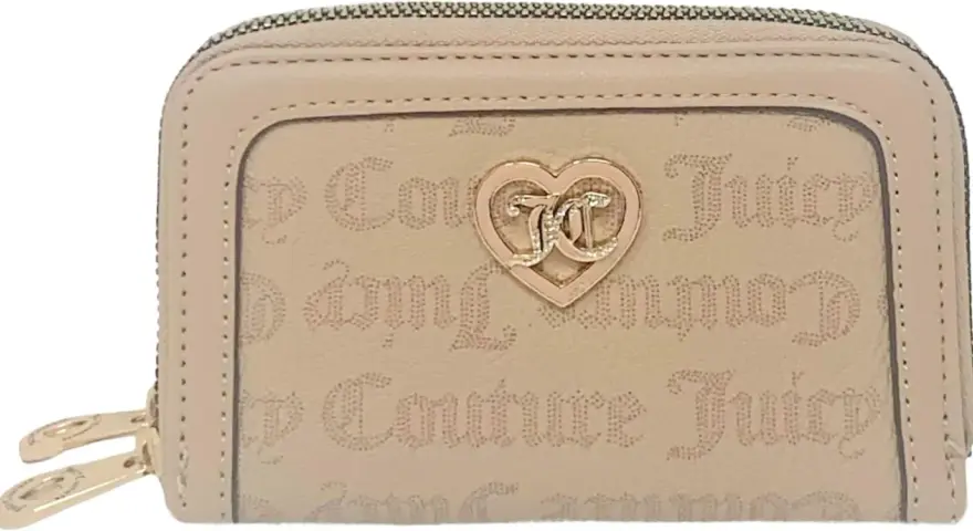 Portefeuille beige Juicy Couture avec logo cœur. Idéal pour apprendre comment faire les coins d'un carré en couture.
