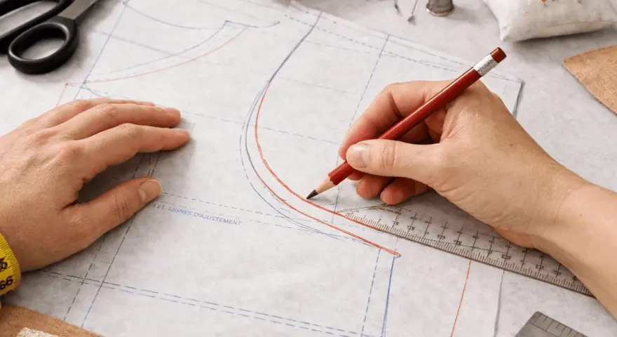 Main tenant une règle et un crayon pour comment agrandir un patron de couture. Des ciseaux, du fil et des épingles sont visibles.