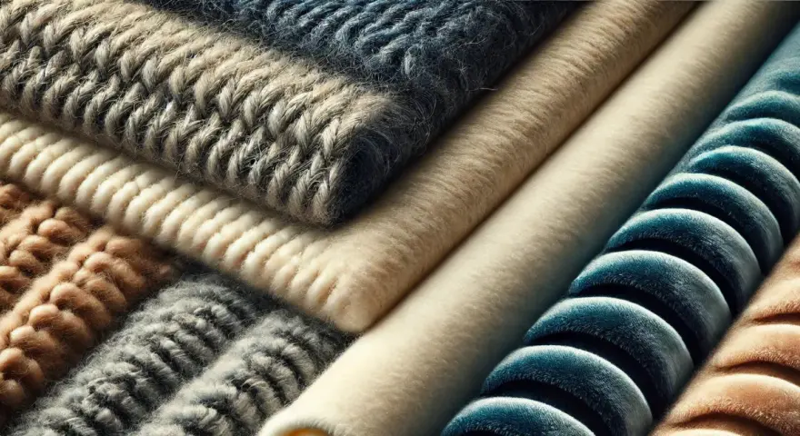 Superposition de textures douces : lainages torsadés, velours côtelé bleu, et matière plaid douce et chaude.