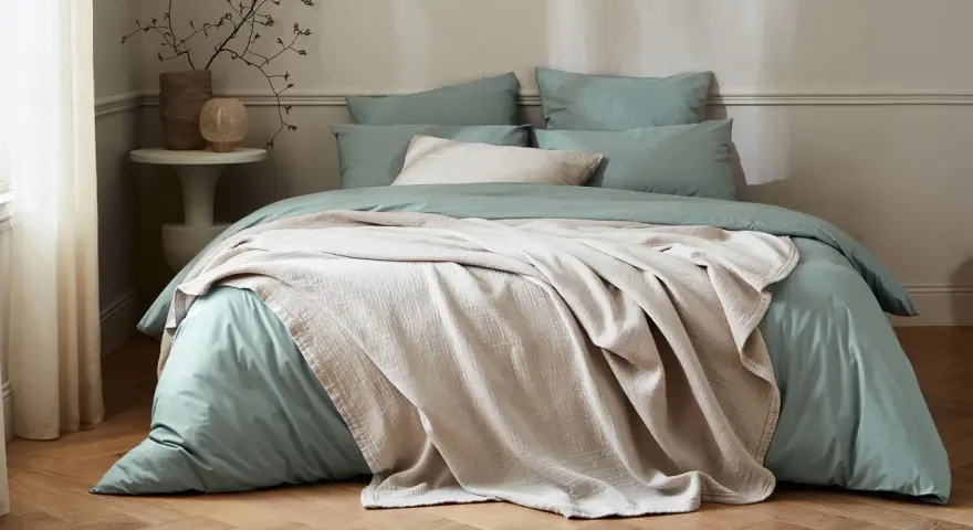 Lit douillet avec housse de couette vert sauge et jeté texturé beige. Quel tissu pour housse de couette ? Le coton doux est idéal.