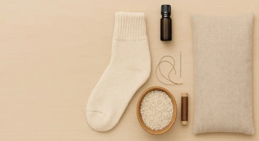 Pour savoir comment faire une bouillotte sans bouillotte, voici les ingrédients : une chaussette, du riz, une aiguille, du fil, une petite fiole et un coussin.
