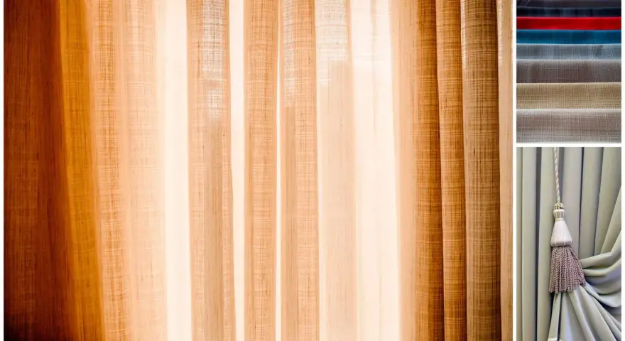 Drapés de lin aux tons chauds, parfaits pour coudre un rideau. Échantillons de tissus et pompon décoratif.
