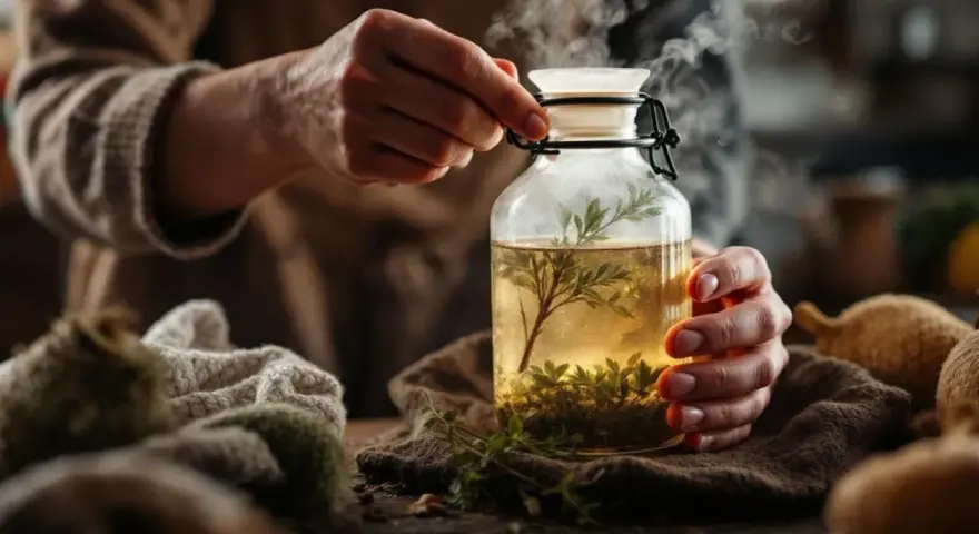 Préparation d'une bouillotte maison avec des herbes infusées dans un bocal en verre fumant.