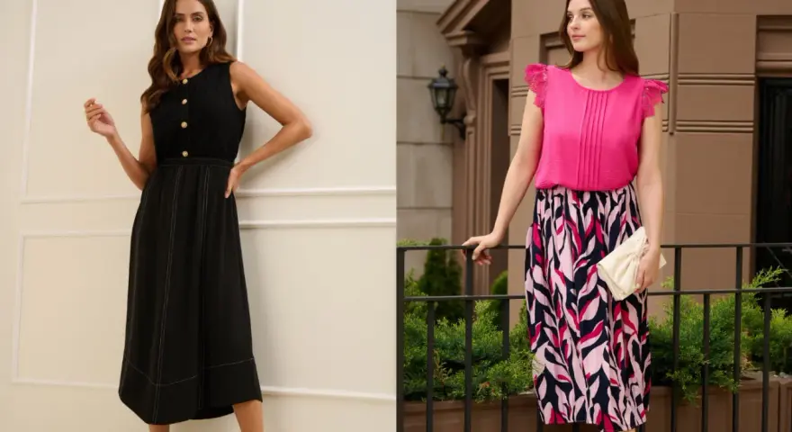 Deux femmes portent des jupes : une noire avec surpiqûres, l'autre colorée. Le patron jupe plis creux est visible sur le haut rose.