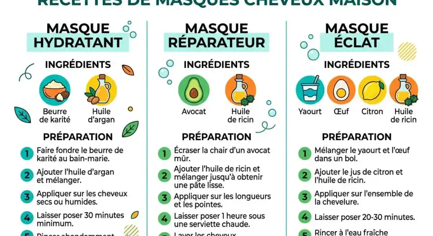 Recettes de masques capillaires maison : hydratant, réparateur et éclat. Chaque patron masque détaille ingrédients et préparation.