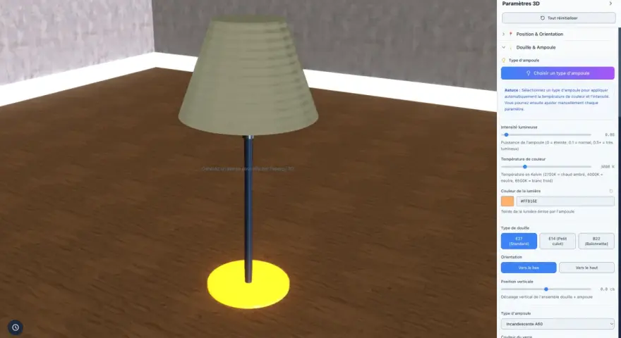 Lampe sur pied avec abat-jour beige, prête à refaire un abat-jour. Paramètres 3D pour ajuster l'ampoule.