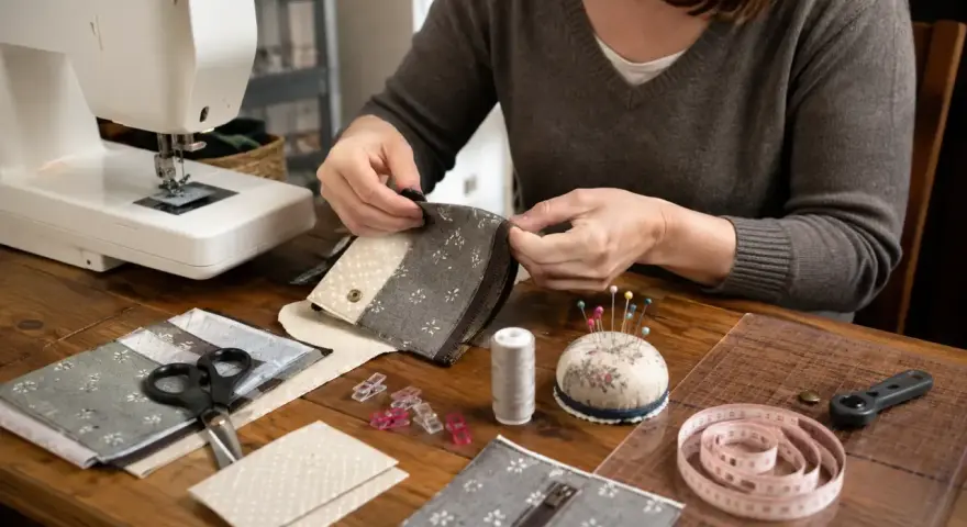 Tuto enveloppe rectangulaire : mains cousant un portefeuille en tissu, avec machine à coudre, ciseaux, épingles et ruban à mesurer.