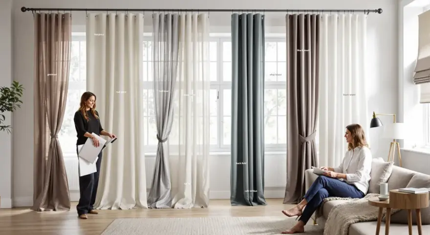 Un aperçu de différents types de rideaux, du lin léger au velours épais, présentés dans un salon lumineux.