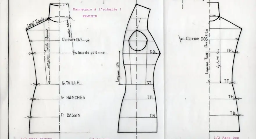 Dessin technique de mannequins de couture, avant et dos, avec mesures et annotations.